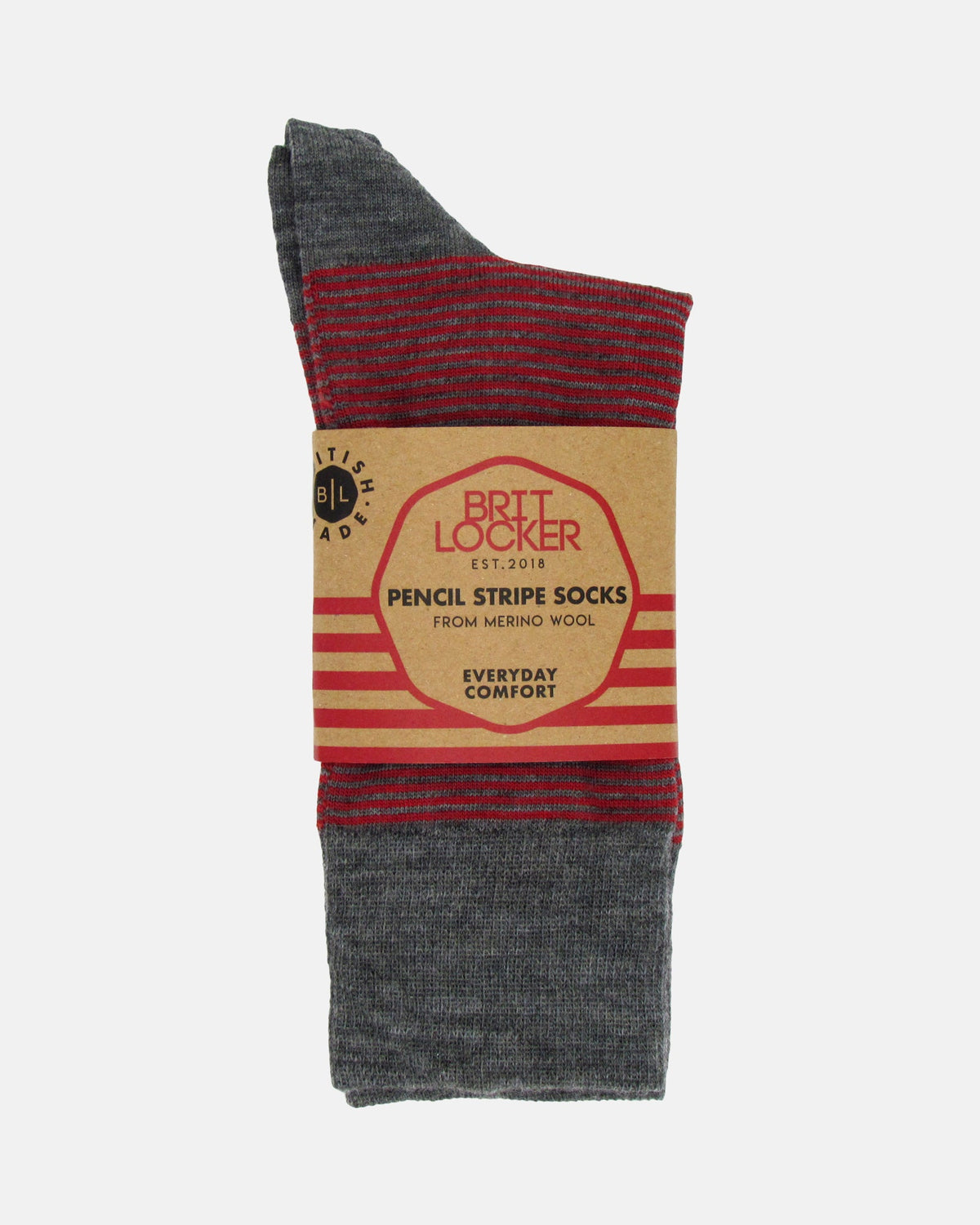 Pencil Stripe Wool Socks - Mid Grey/Red - BRIT LOCKER